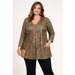 VTG Another Thyme Womens Top Plus‎ 32W Gold Colorful Sequins A Line Tunic Party